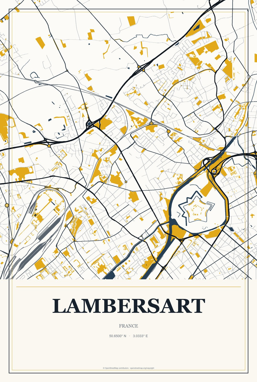 Lambersart, France City Map Aluminum Sign in Citrine Modern style