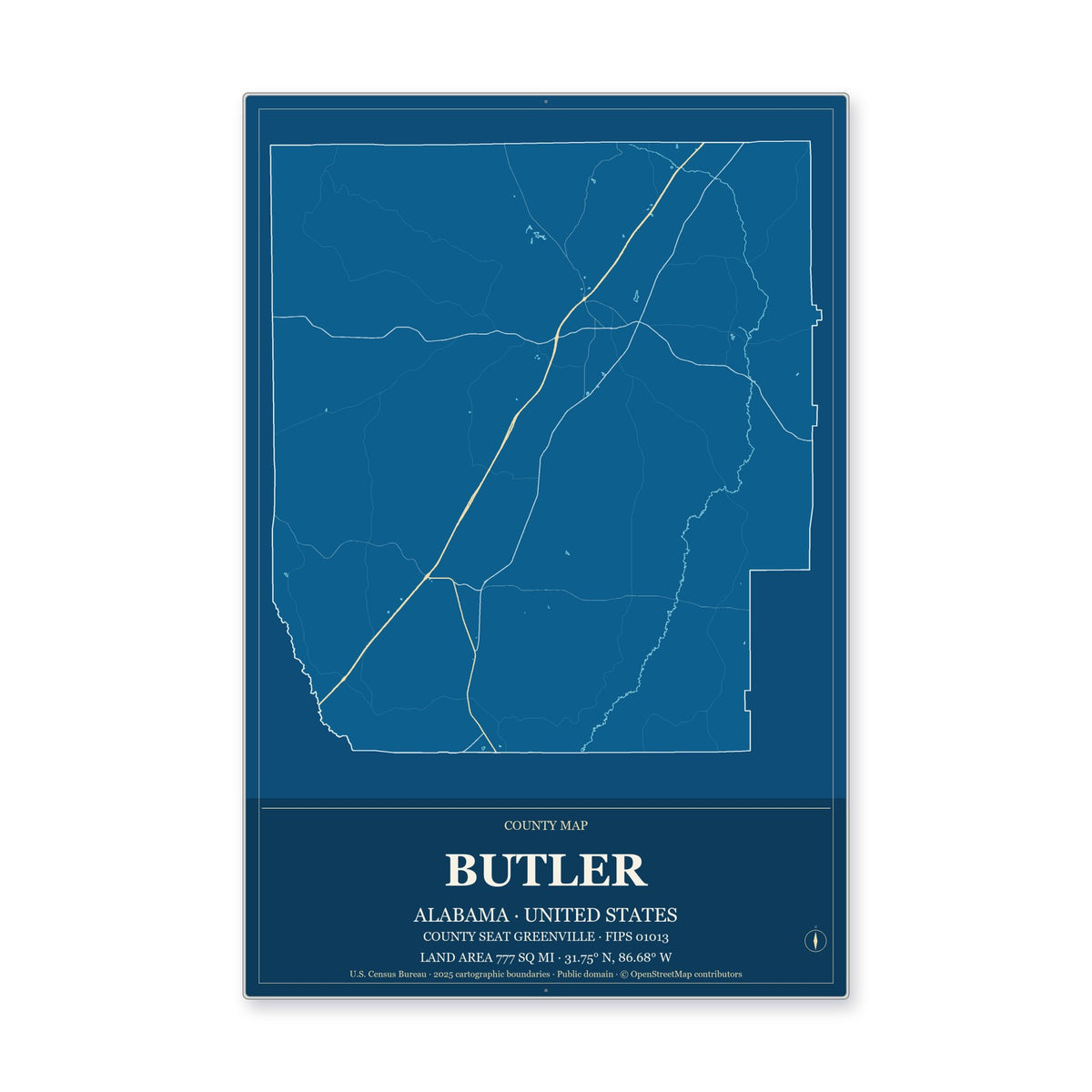 Butler County, Alabama Map Aluminum Sign in Harbor Cobalt style