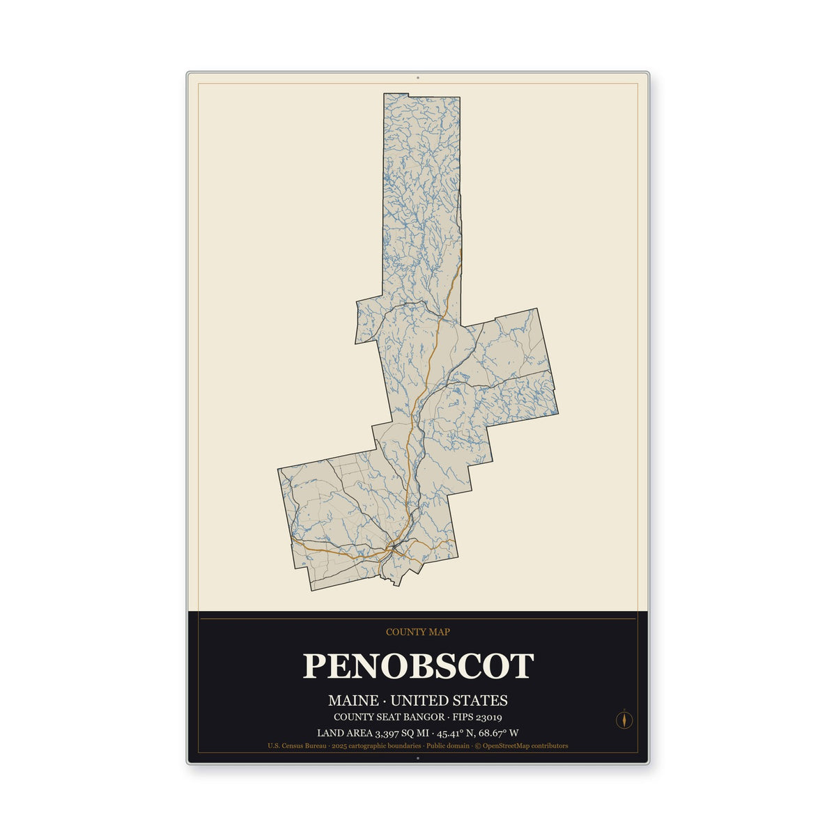 Penobscot County, Maine Map Aluminum Sign in Museum Plaque style
