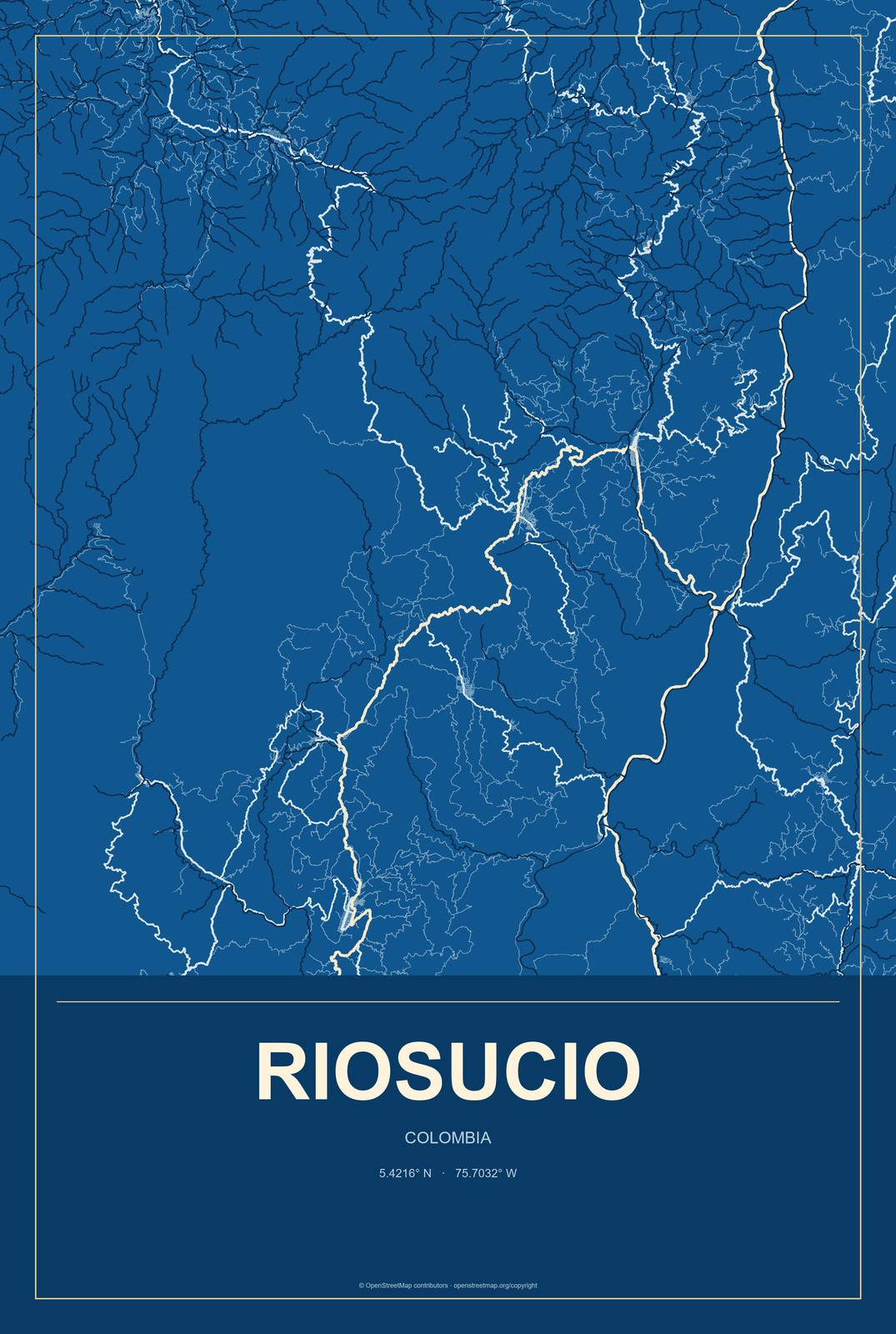 Riosucio, Colombia City Map Aluminum Sign in Harbor Cobalt style