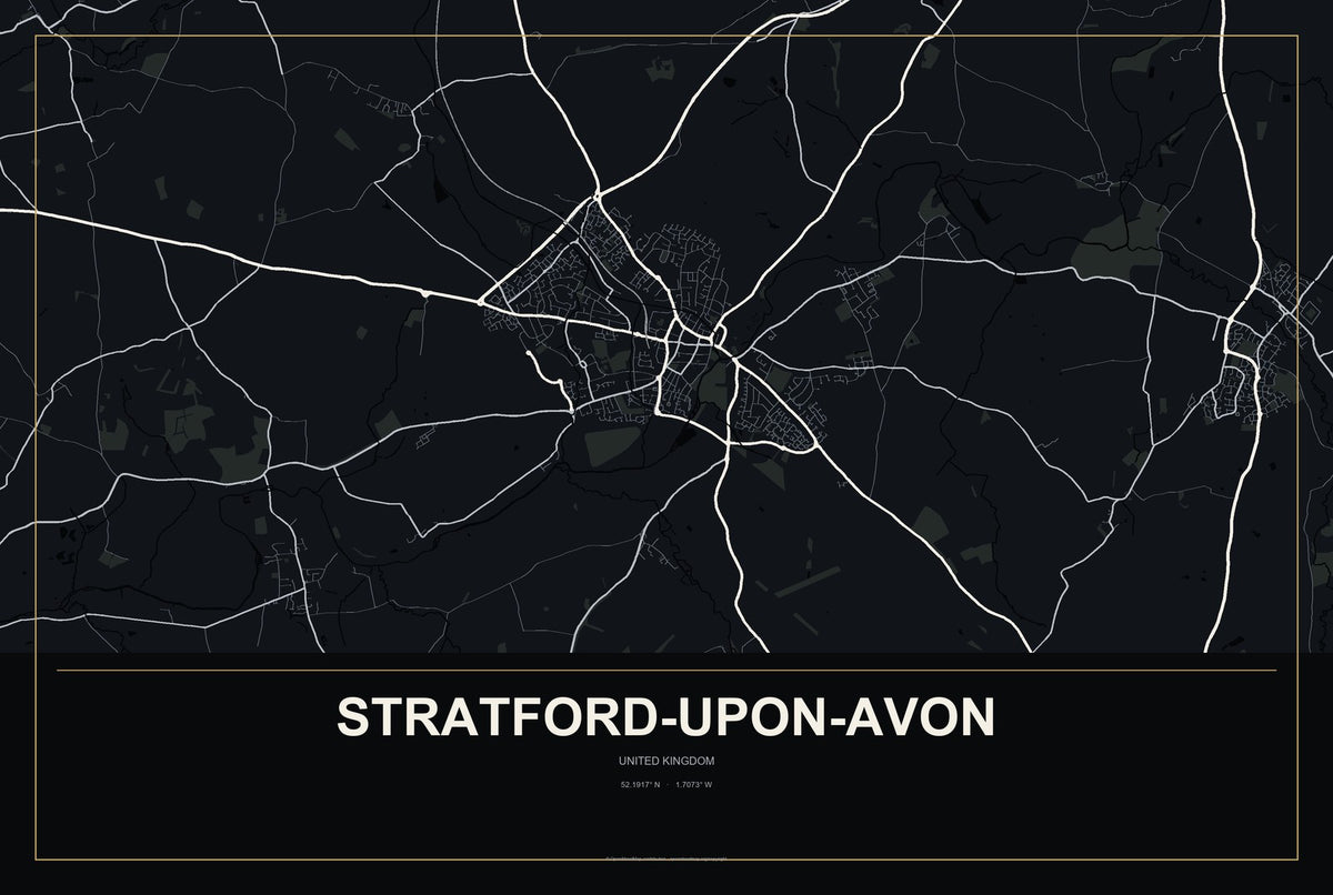 Stratford-upon-Avon, United Kingdom City Map Aluminum Sign in Metropolitan Noir style