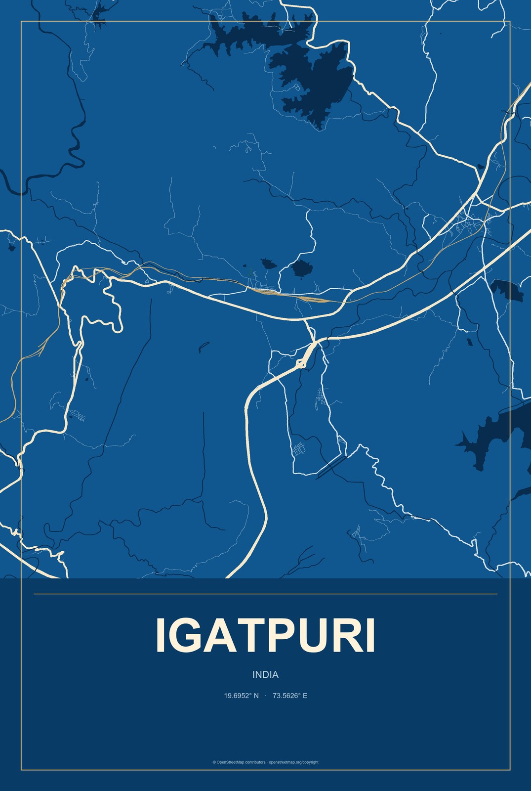 Igatpuri, India City Map Aluminum Sign in Harbor Cobalt style