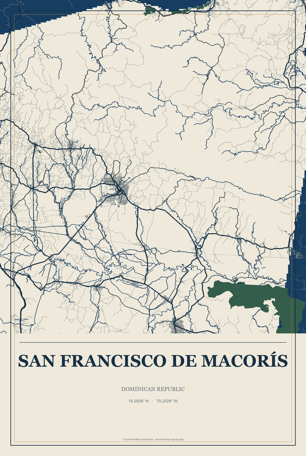 San Francisco de Macorís, Dominican Republic City Map Aluminum Sign in Coastal Cutout style