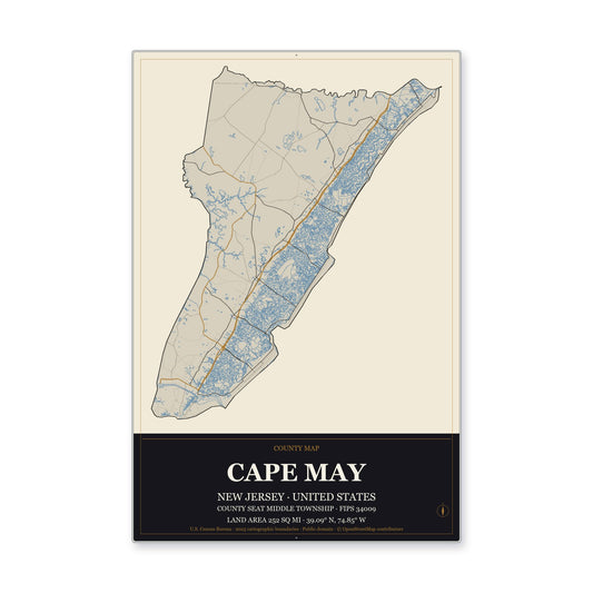 Cape May County, New Jersey Map Aluminum Sign in Museum Plaque style