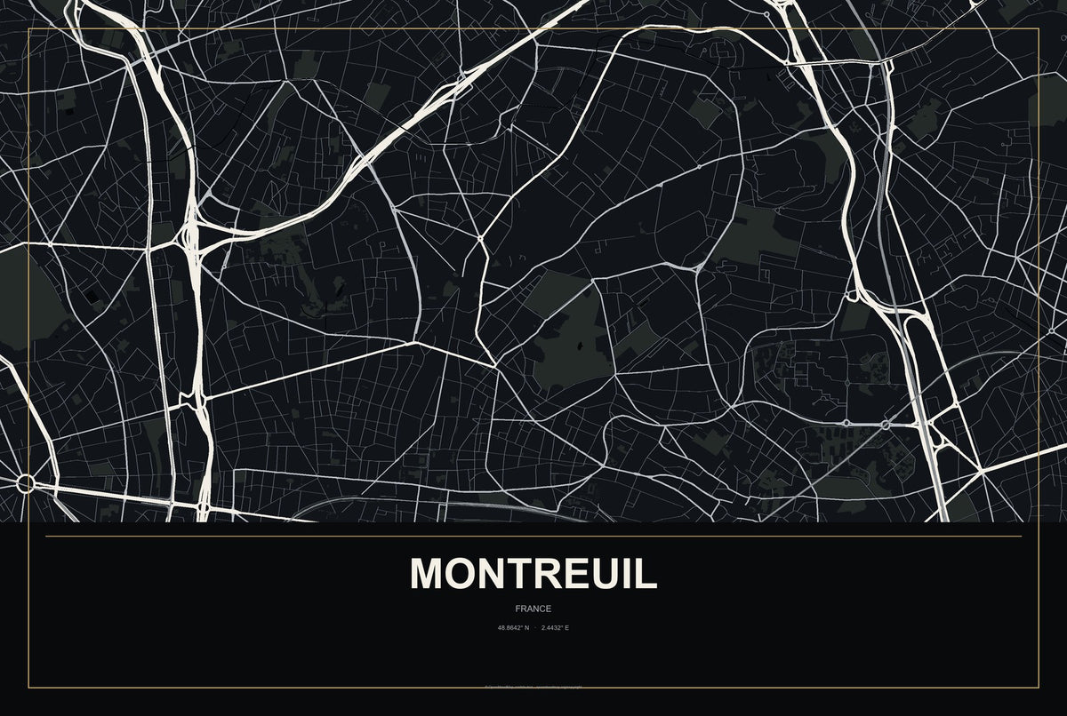 Montreuil, France City Map Aluminum Sign in Metropolitan Noir style