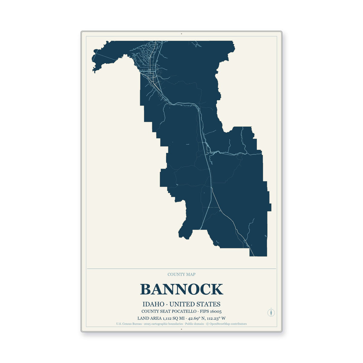 Bannock County, Idaho Map Aluminum Sign in Coastal Cutout style