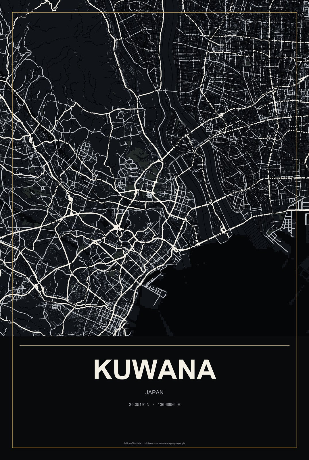 Kuwana, Japan City Map Aluminum Sign in Metropolitan Noir style