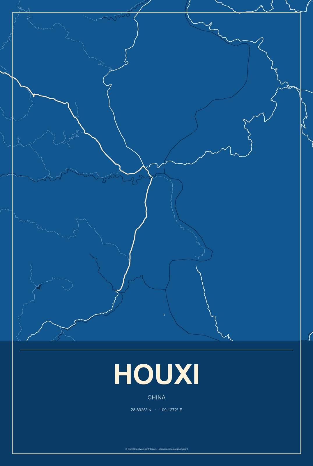 Houxi, China City Map Aluminum Sign in Harbor Cobalt style