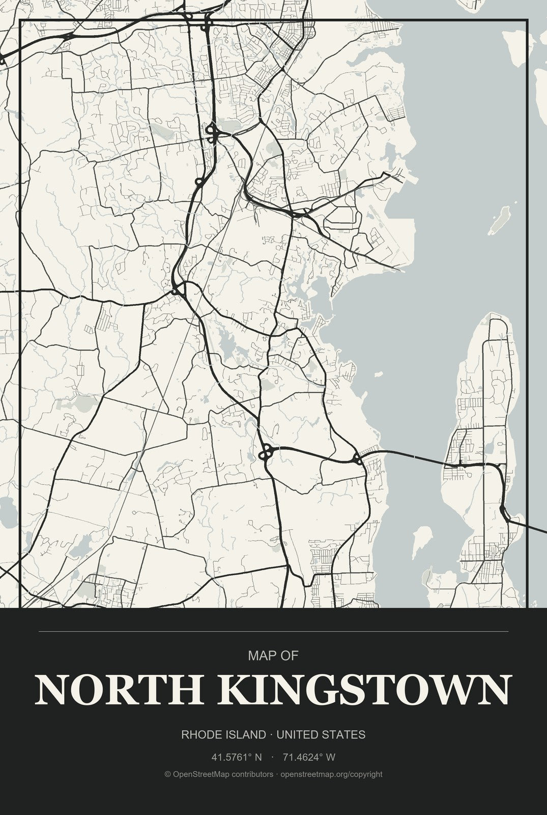 North Kingstown, Rhode Island City Map Aluminum Sign in Museum Plaque style