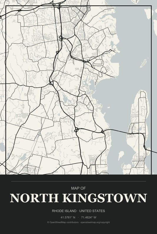 North Kingstown, Rhode Island City Map Aluminum Sign in Museum Plaque style