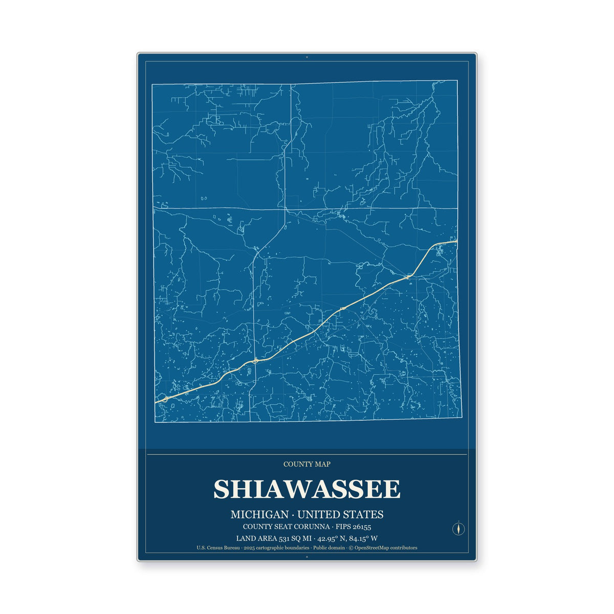 Shiawassee County, Michigan Map Aluminum Sign in Harbor Cobalt style