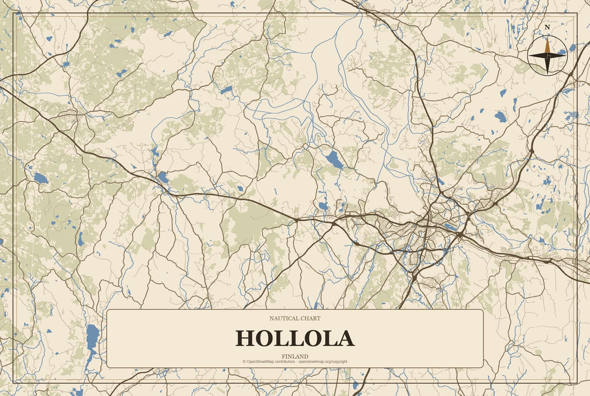 Hollola, Finland City Map Aluminum Sign in Heritage Nautical style