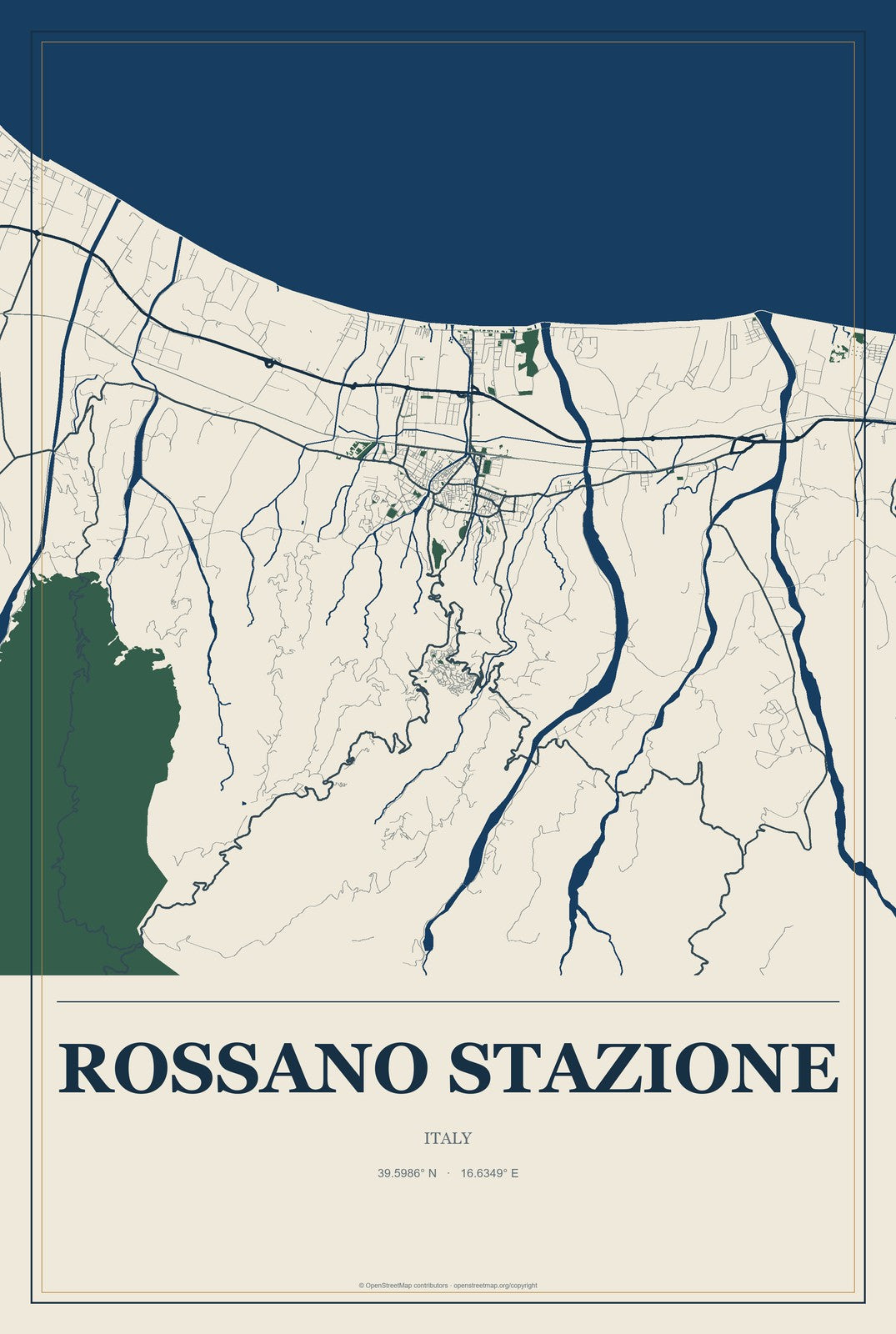 Rossano Stazione, Italy City Map Aluminum Sign in Coastal Cutout style