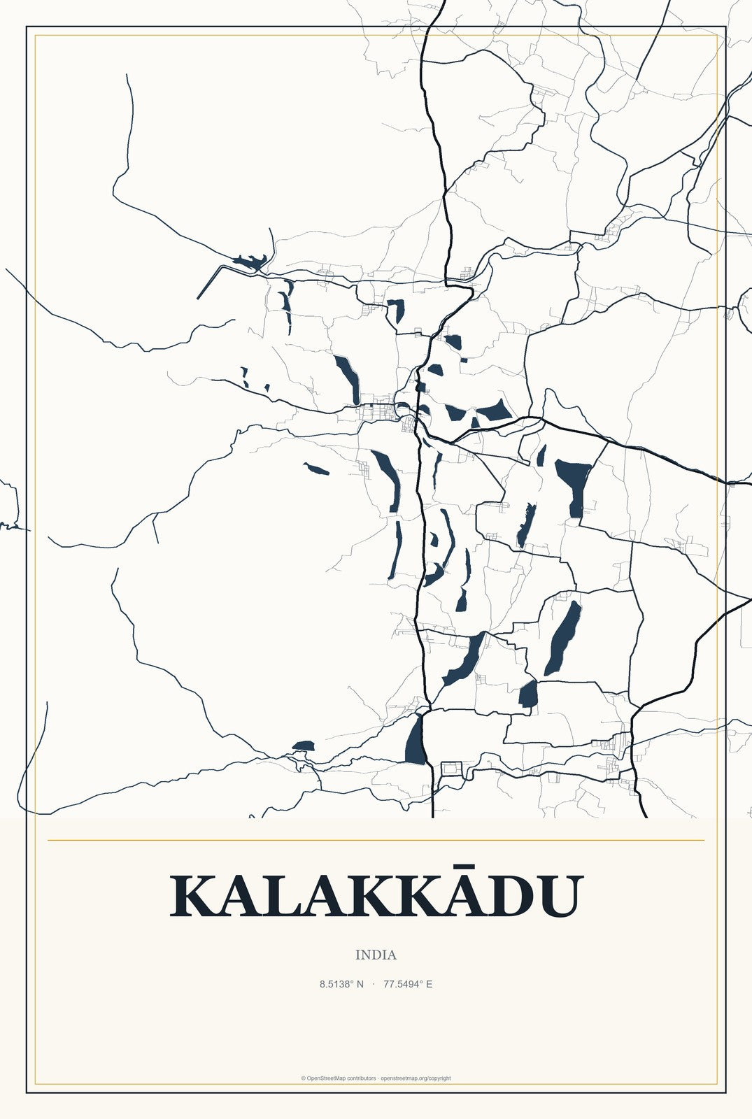Kalakkādu, India City Map Aluminum Sign in Citrine Modern style