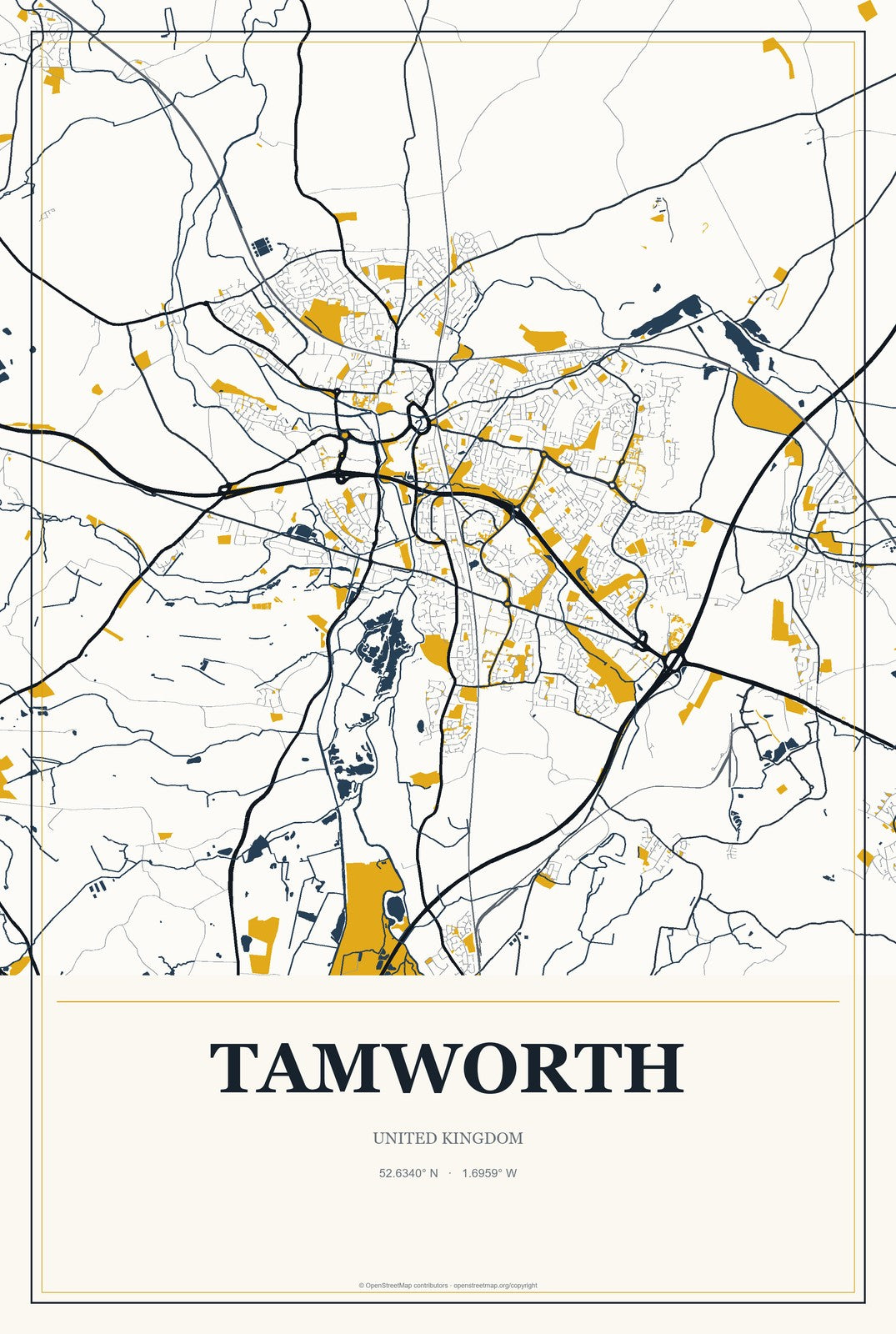 Tamworth, United Kingdom City Map Aluminum Sign in Citrine Modern style