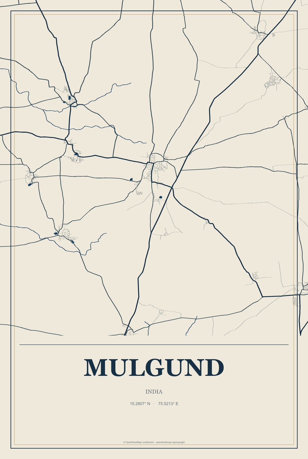 Mulgund, India City Map Aluminum Sign in Coastal Cutout style