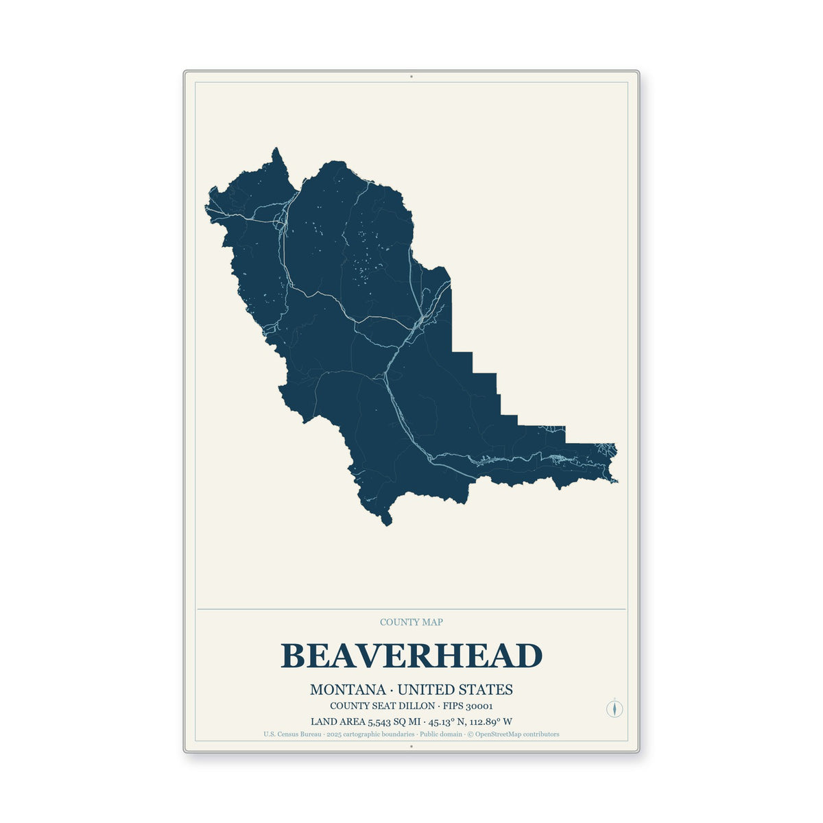 Beaverhead County, Montana Map Aluminum Sign in Coastal Cutout style