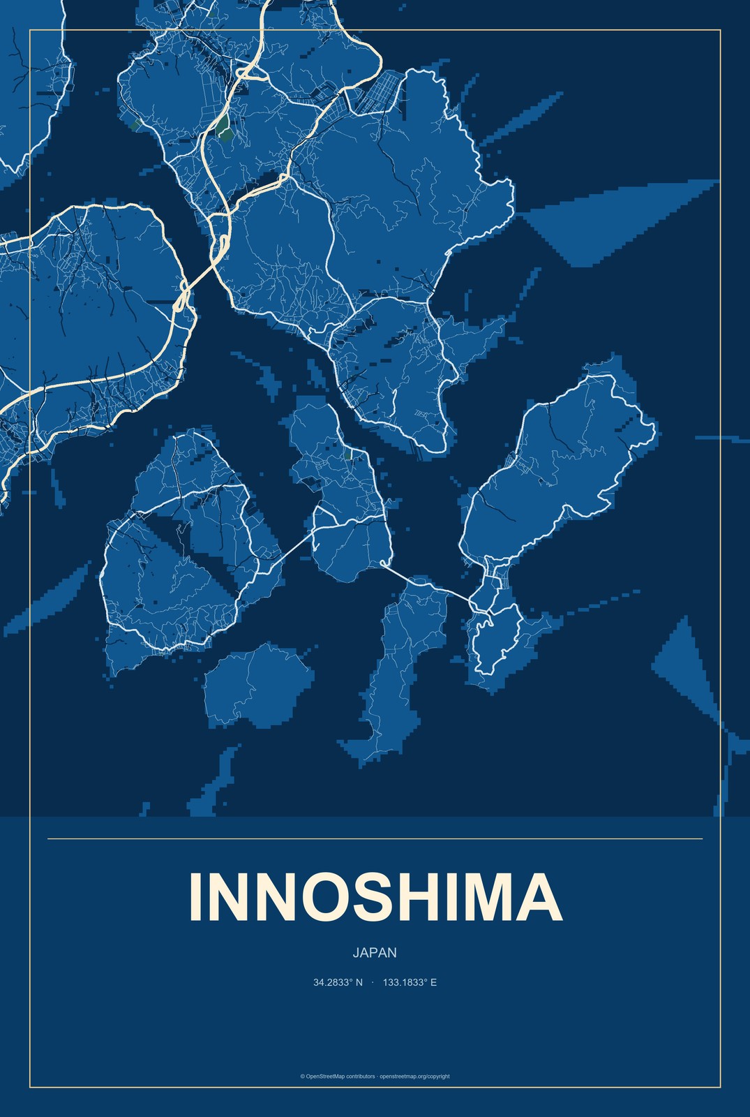 Innoshima, Japan City Map Aluminum Sign in Harbor Cobalt style
