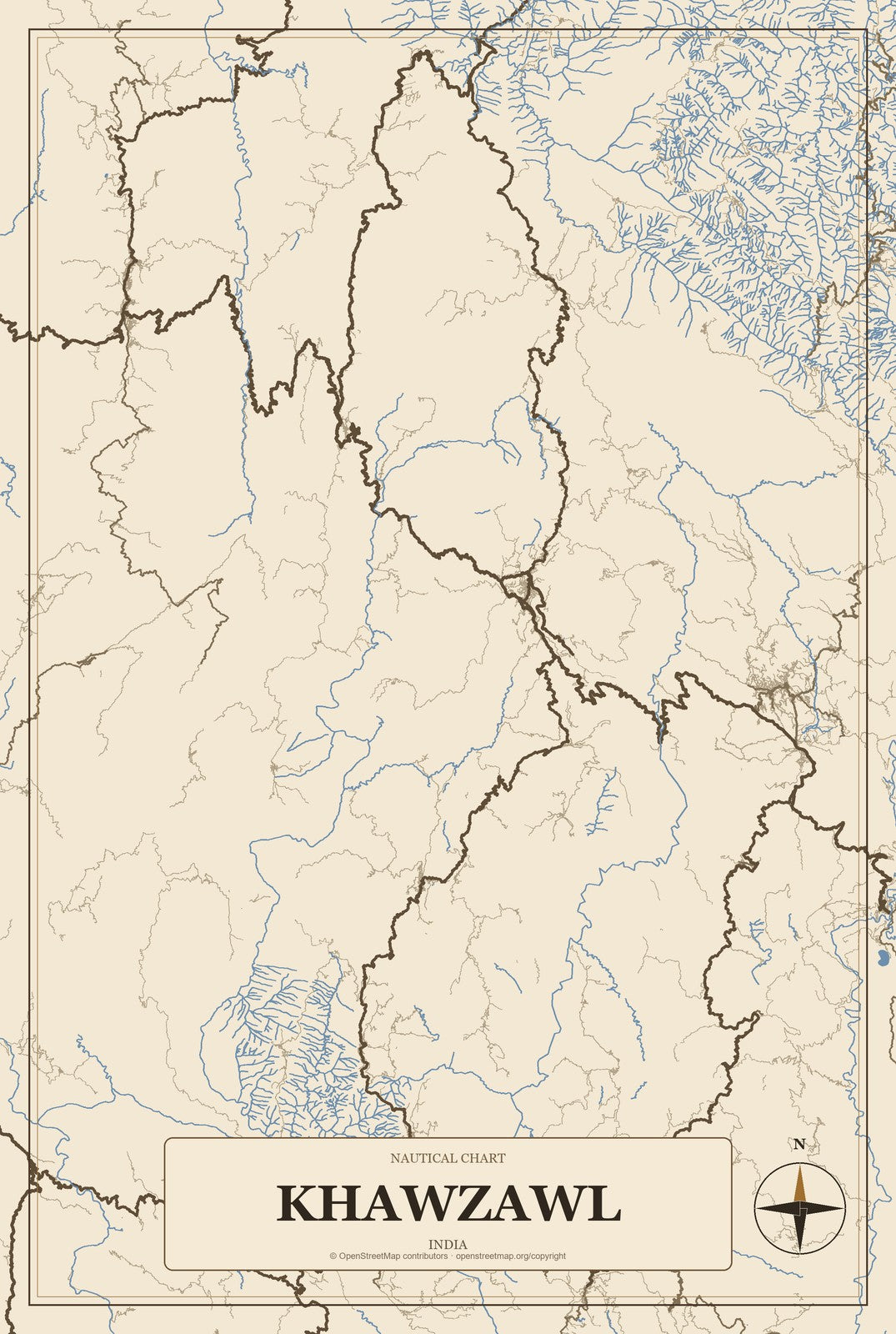 Khawzawl, India City Map Aluminum Sign in Heritage Nautical style