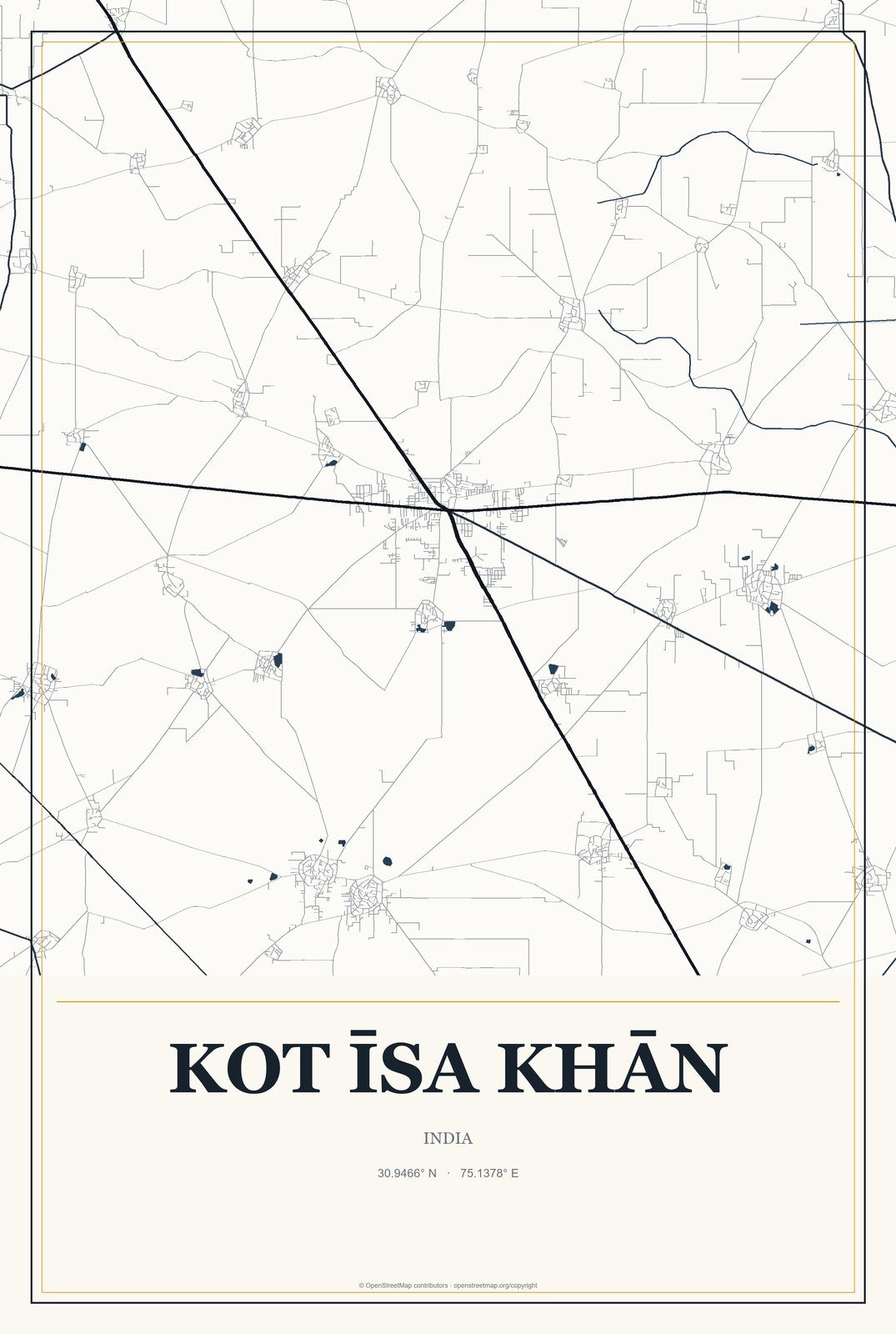 Kot Īsa Khān, India City Map Aluminum Sign in Citrine Modern style