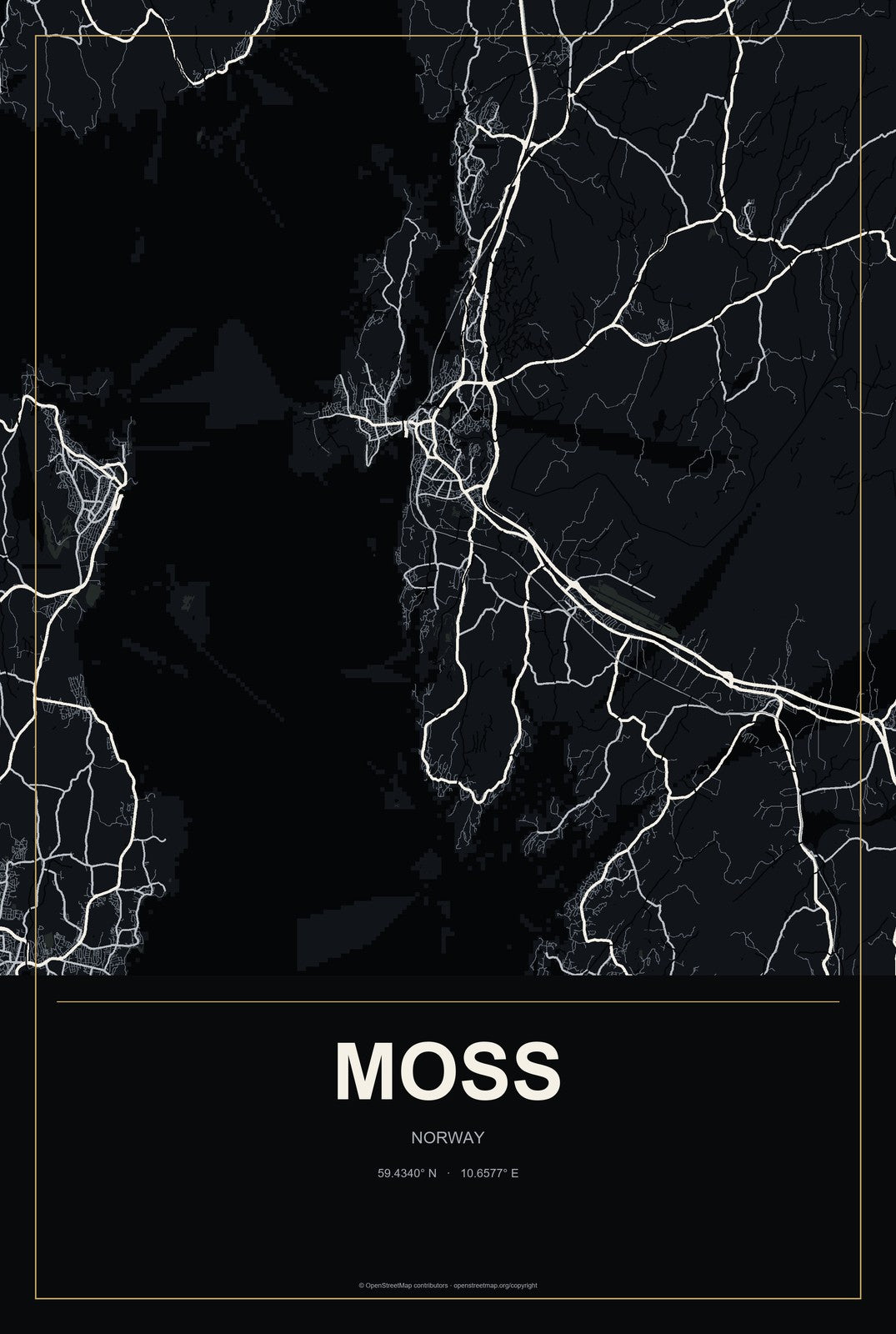 Moss, Norway City Map Aluminum Sign in Metropolitan Noir style