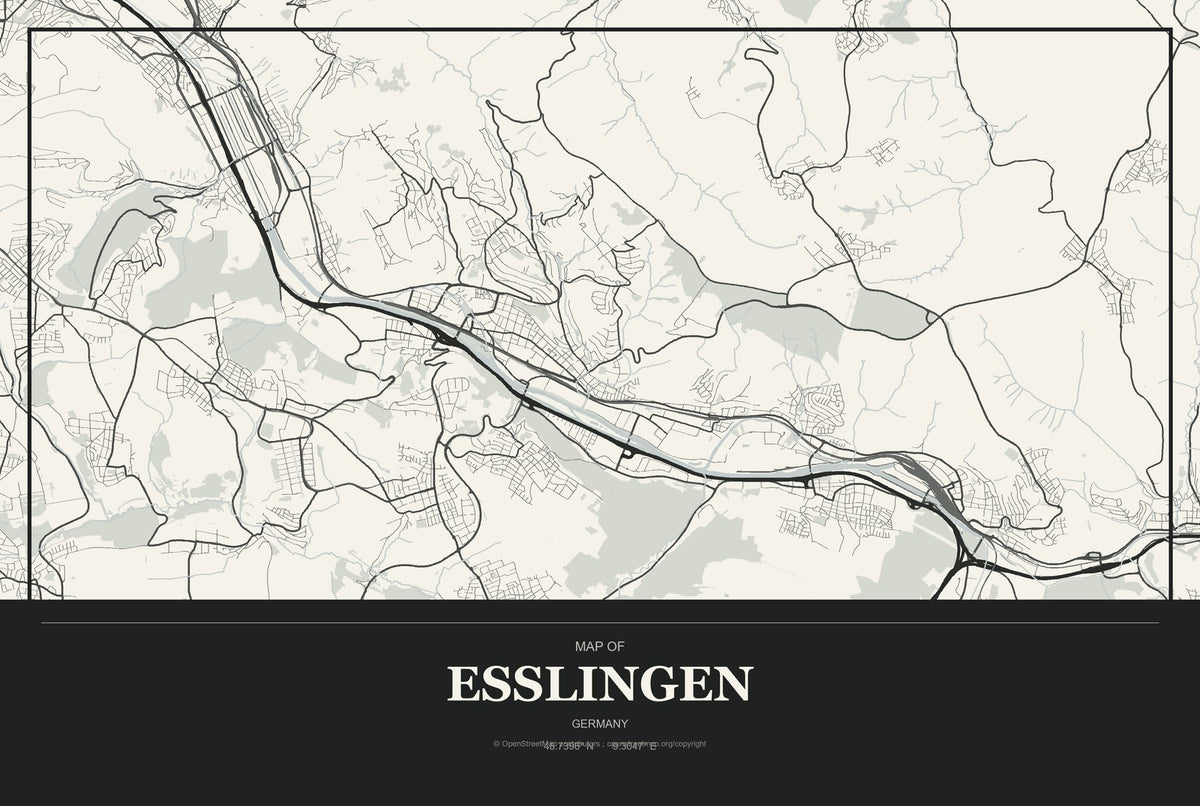 Esslingen, Germany City Map Aluminum Sign in Museum Plaque style