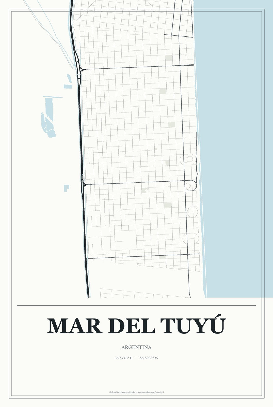 Mar del Tuyú, Argentina City Map Aluminum Sign in Gallery Air style