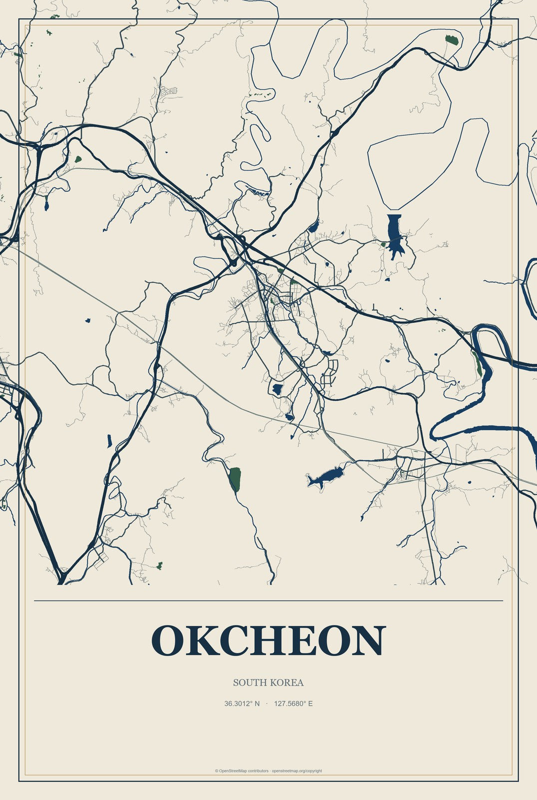Okcheon, South Korea City Map Aluminum Sign in Coastal Cutout style