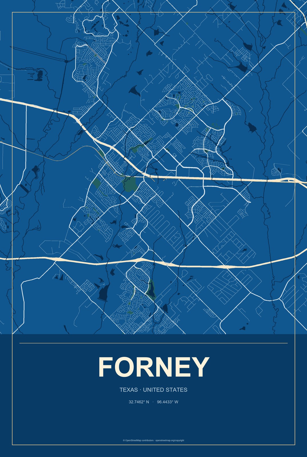 Forney, Texas City Map Aluminum Sign in Harbor Cobalt style