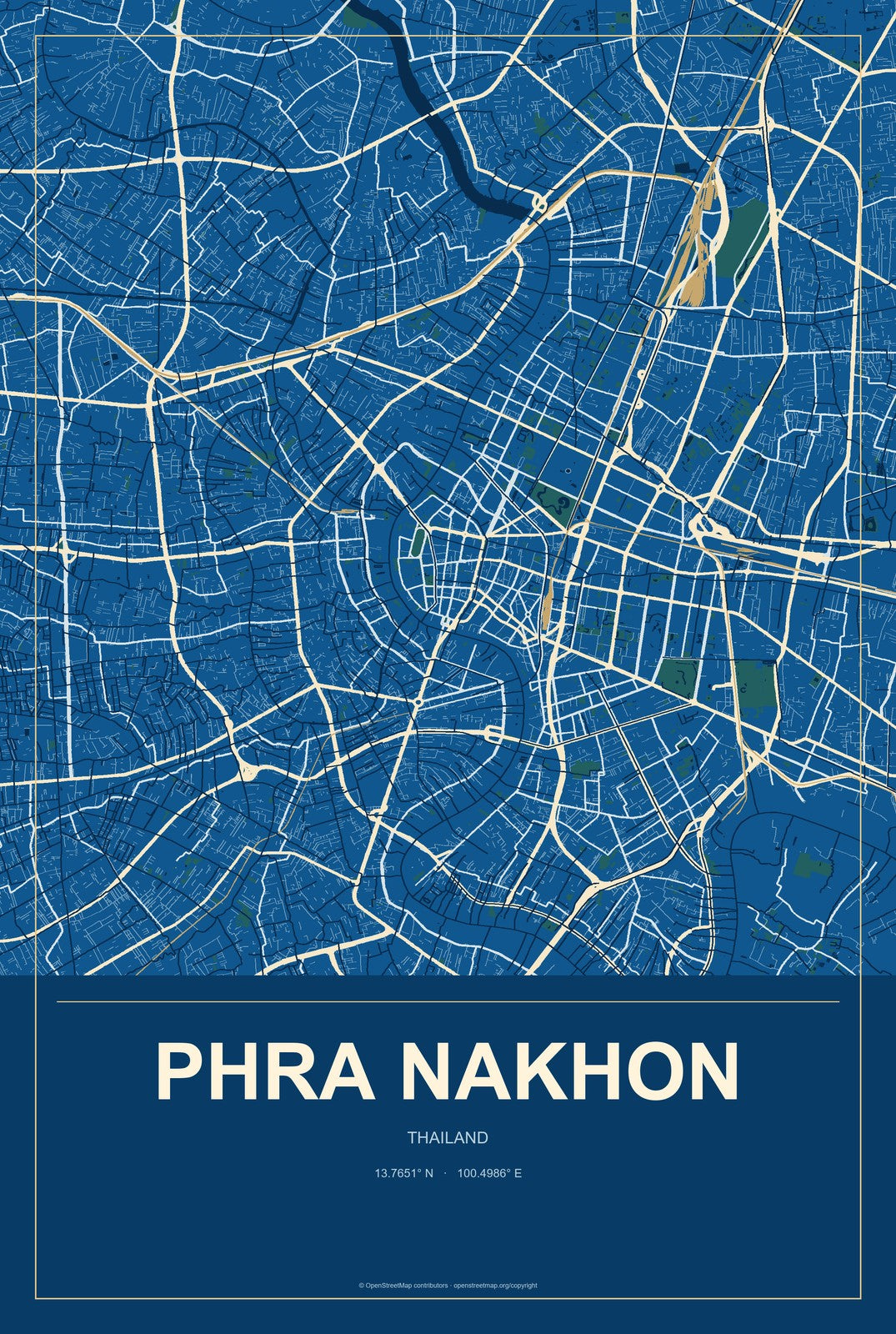 Phra Nakhon, Thailand City Map Aluminum Sign in Harbor Cobalt style