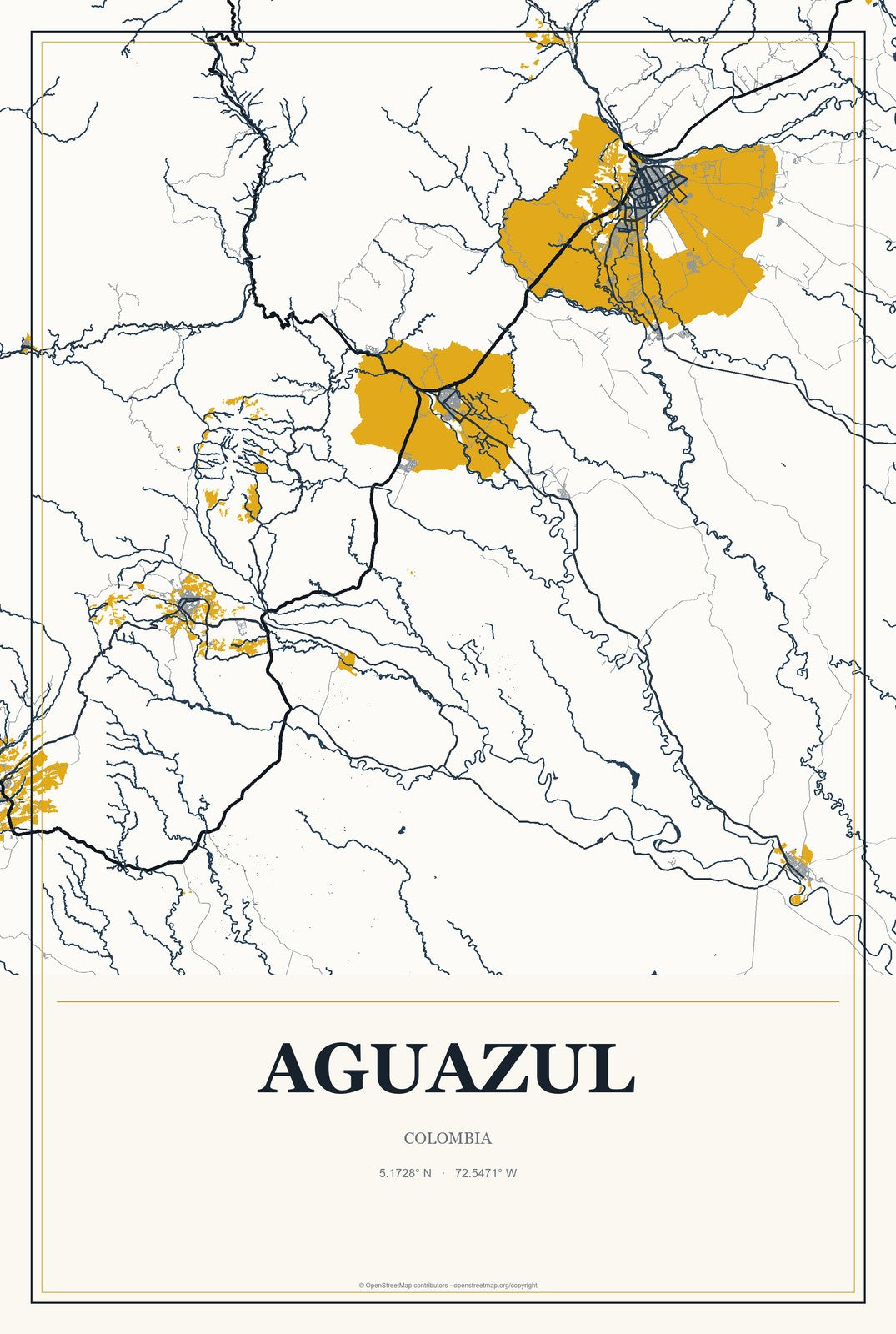 Aguazul, Colombia City Map Aluminum Sign in Citrine Modern style