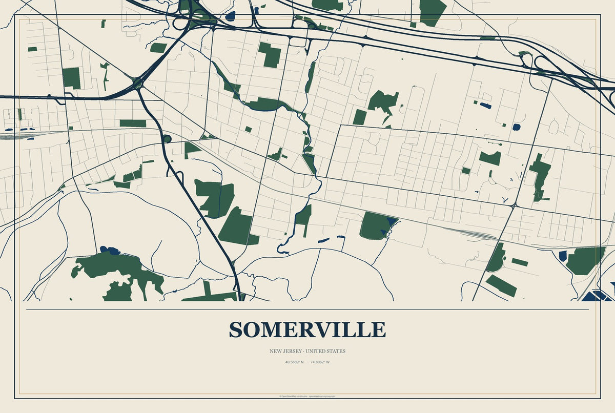 Somerville, New Jersey City Map Aluminum Sign in Coastal Cutout style