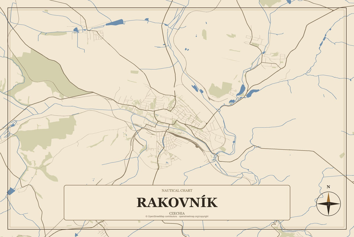 Rakovník, Czechia City Map Aluminum Sign in Heritage Nautical style