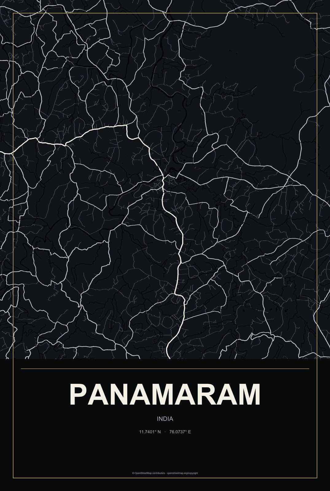 Panamaram, India City Map Aluminum Sign in Metropolitan Noir style