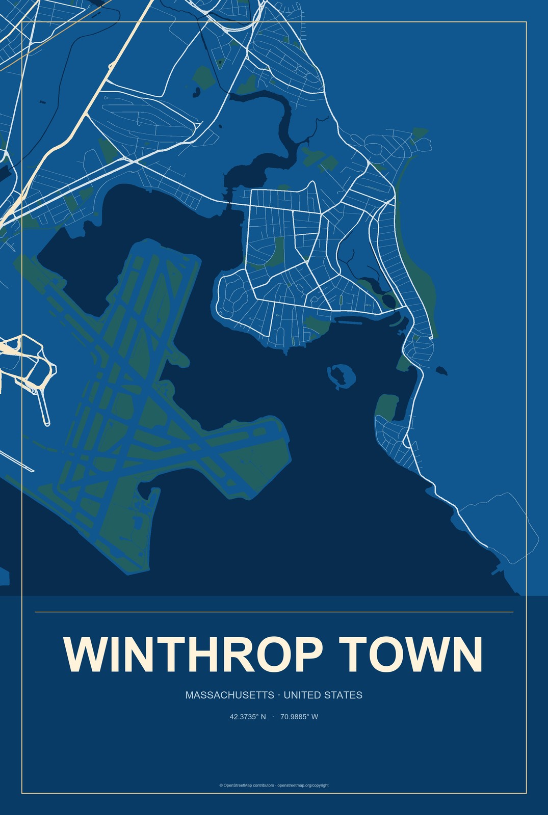 Winthrop Town, Massachusetts City Map Aluminum Sign in Harbor Cobalt style