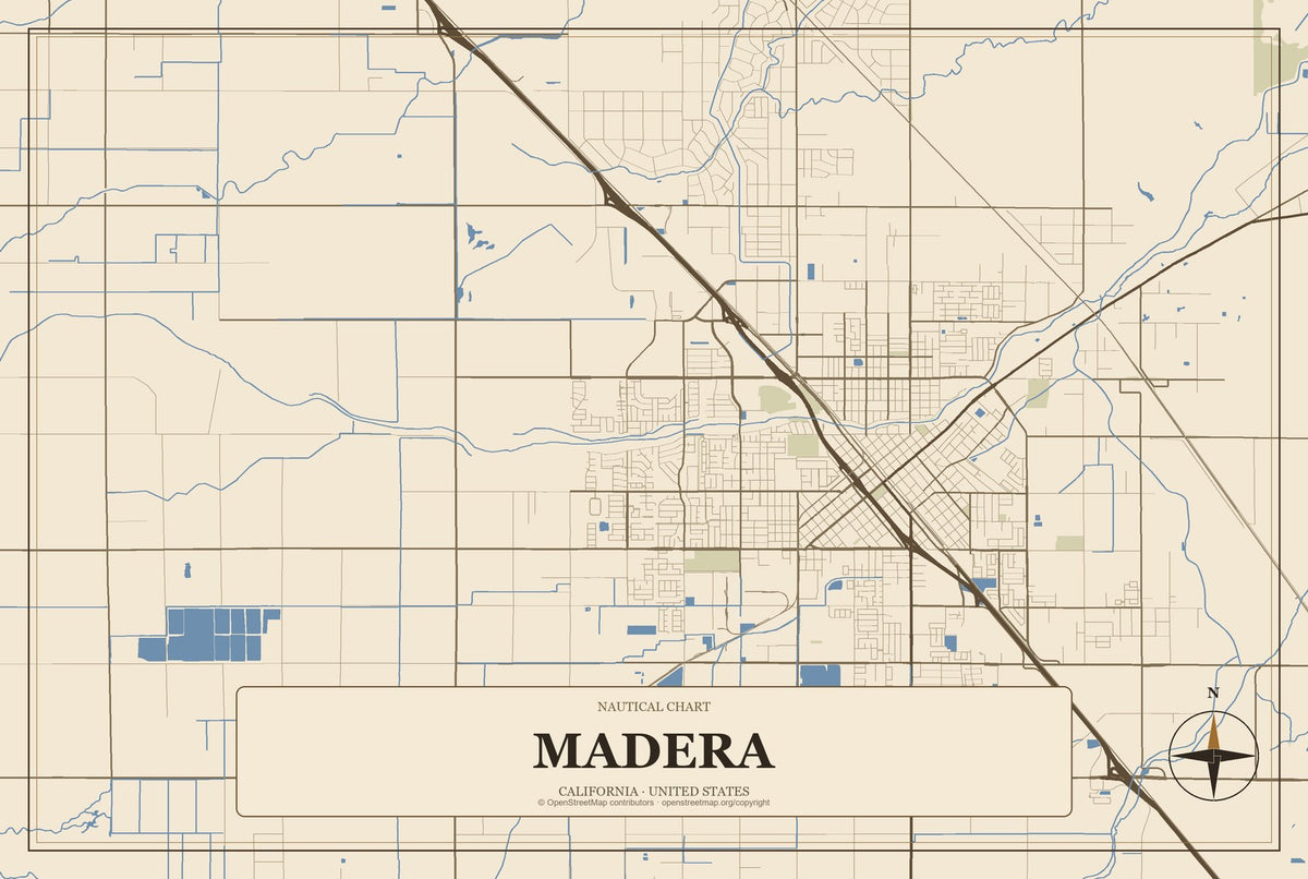 Madera, California City Map Aluminum Sign in Heritage Nautical style