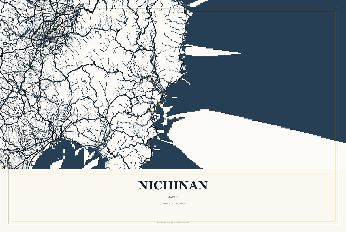 Nichinan, Japan City Map Aluminum Sign in Citrine Modern style