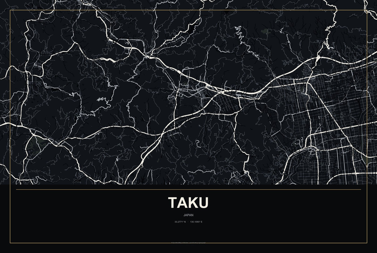 Taku, Japan City Map Aluminum Sign in Metropolitan Noir style