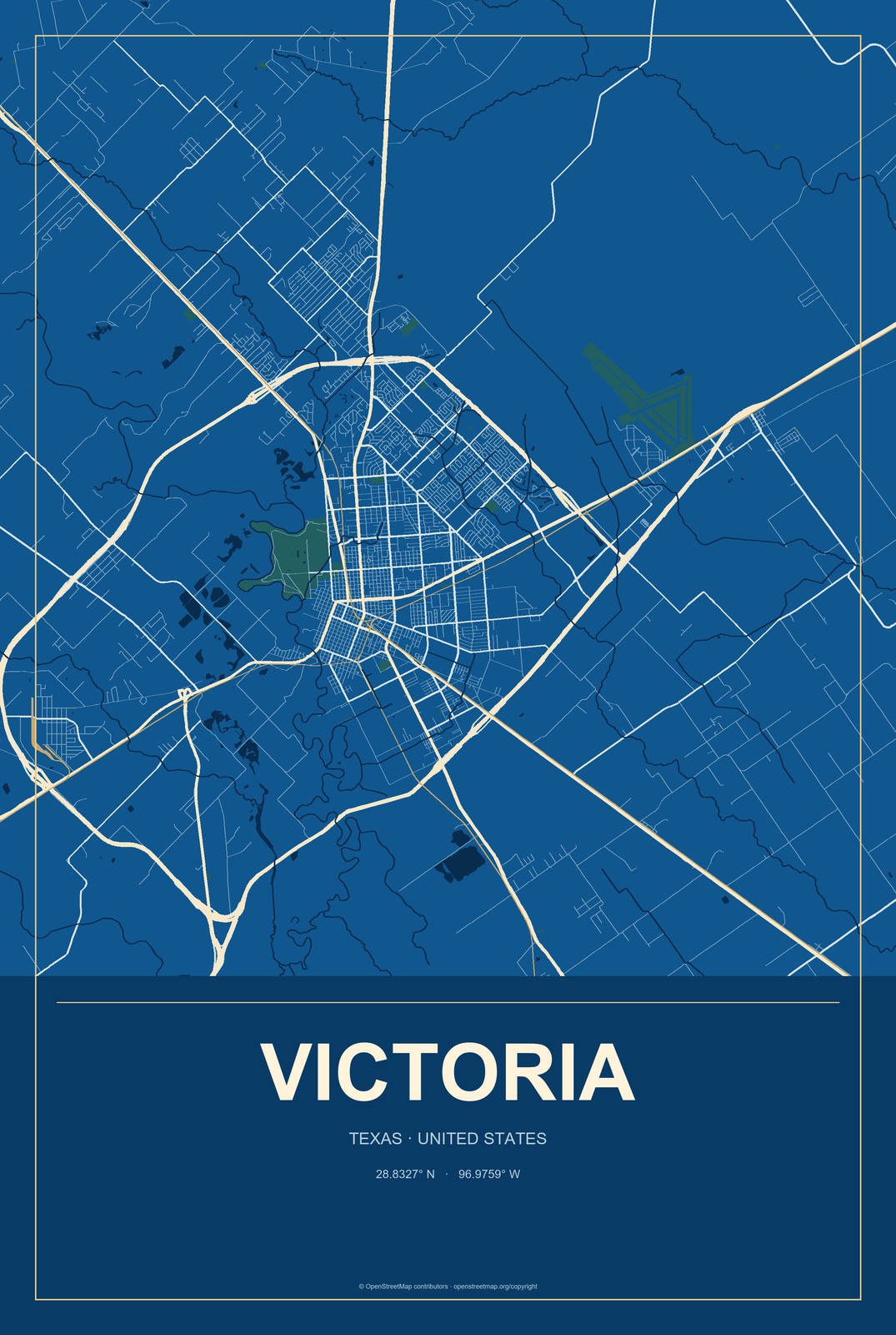 Victoria, Texas City Map Aluminum Sign in Harbor Cobalt style