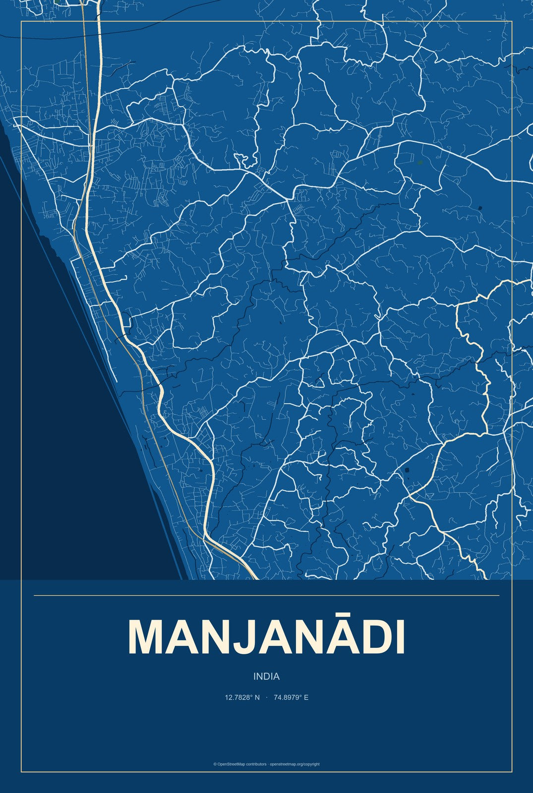 Manjanādi, India City Map Aluminum Sign in Harbor Cobalt style