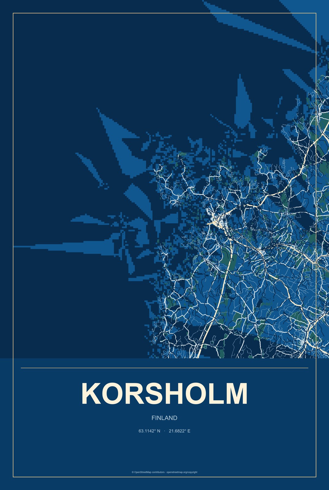 Korsholm, Finland City Map Aluminum Sign in Harbor Cobalt style