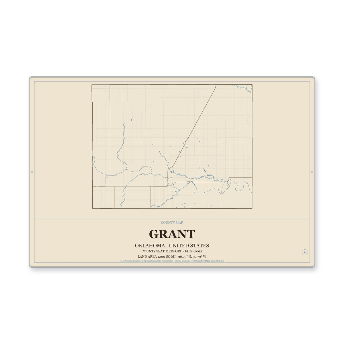 Grant County, Oklahoma Map Aluminum Sign in Heritage Nautical style