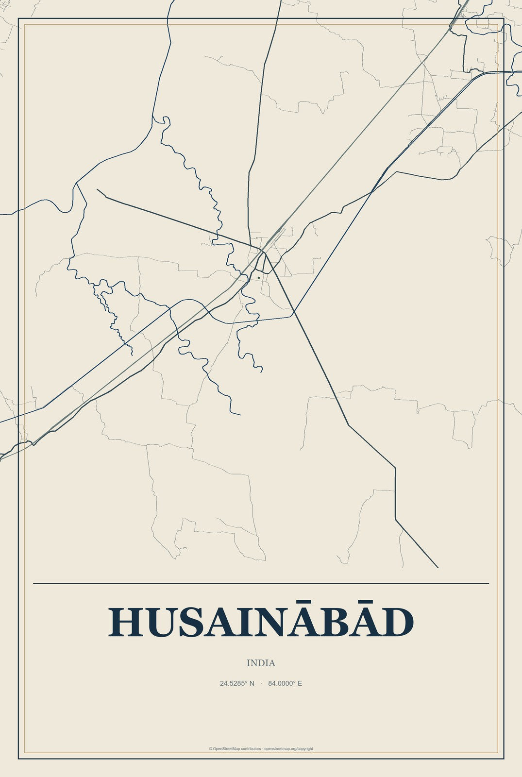Husainābād, India City Map Aluminum Sign in Coastal Cutout style