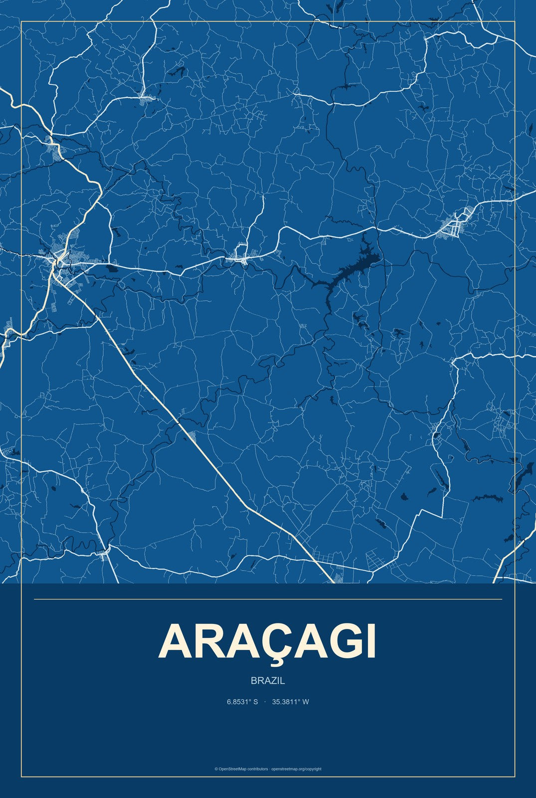 Araçagi, Brazil City Map Aluminum Sign in Harbor Cobalt style