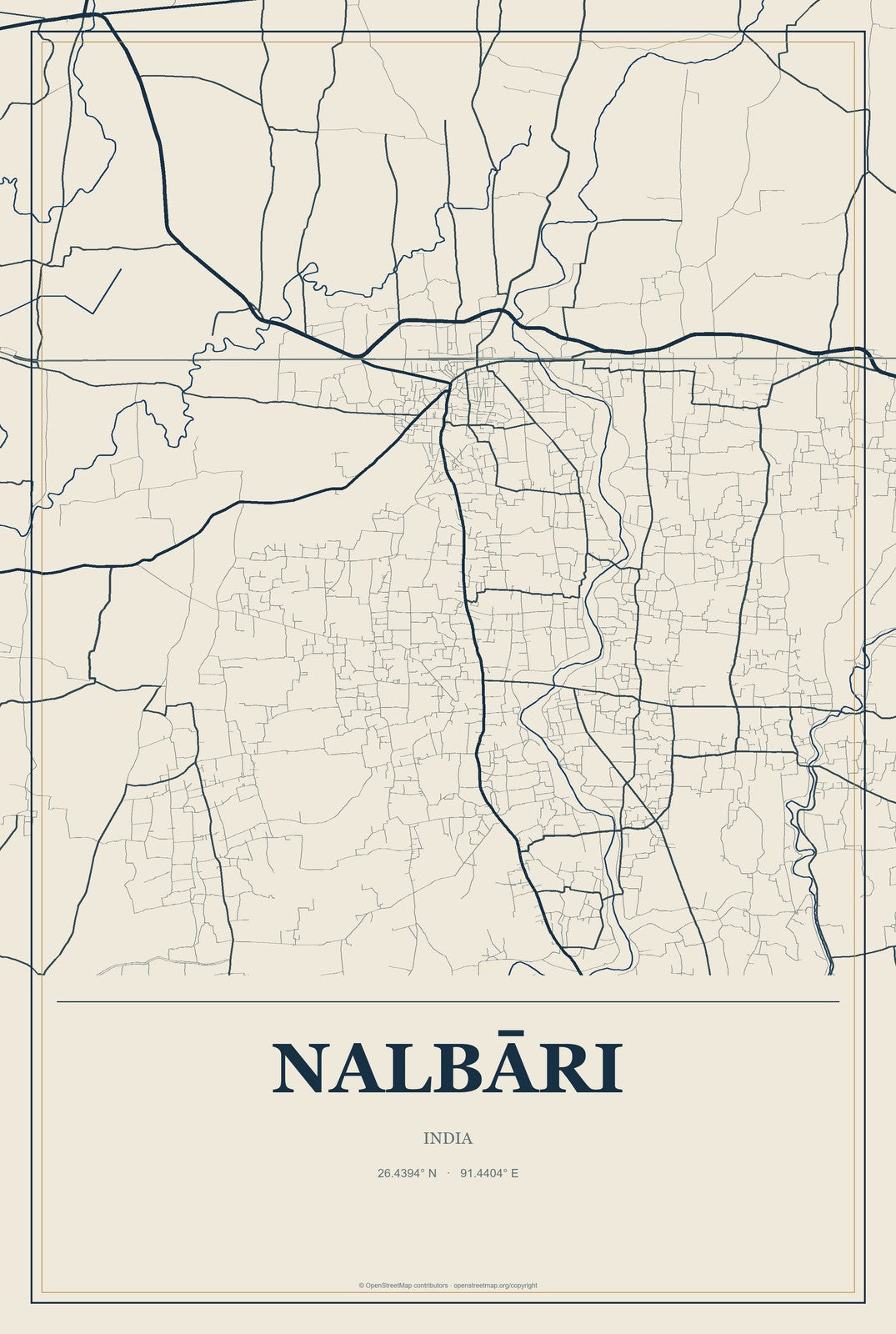 Nalbāri, India City Map Aluminum Sign in Coastal Cutout style