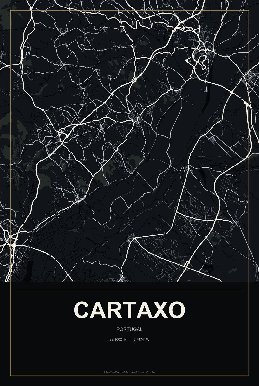 Cartaxo, Portugal City Map Aluminum Sign in Metropolitan Noir style