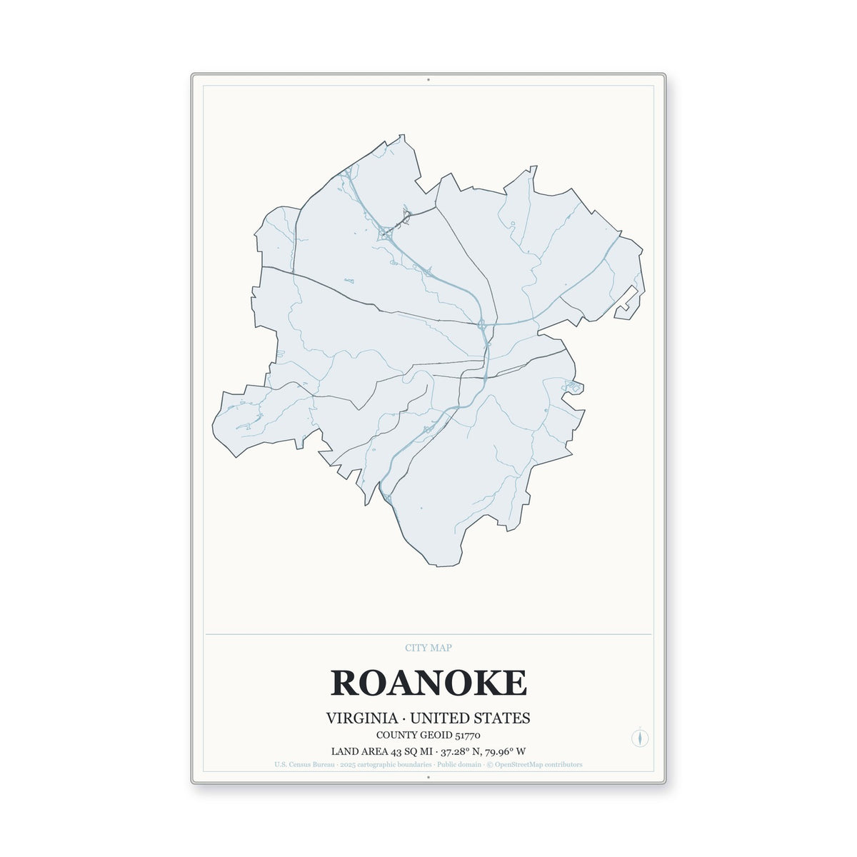 Roanoke city, Virginia Map Aluminum Sign in Gallery Air style