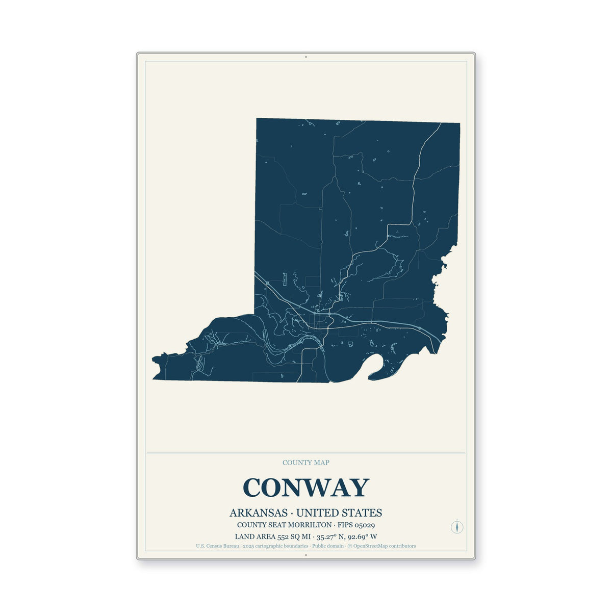 Conway County, Arkansas Map Aluminum Sign in Coastal Cutout style