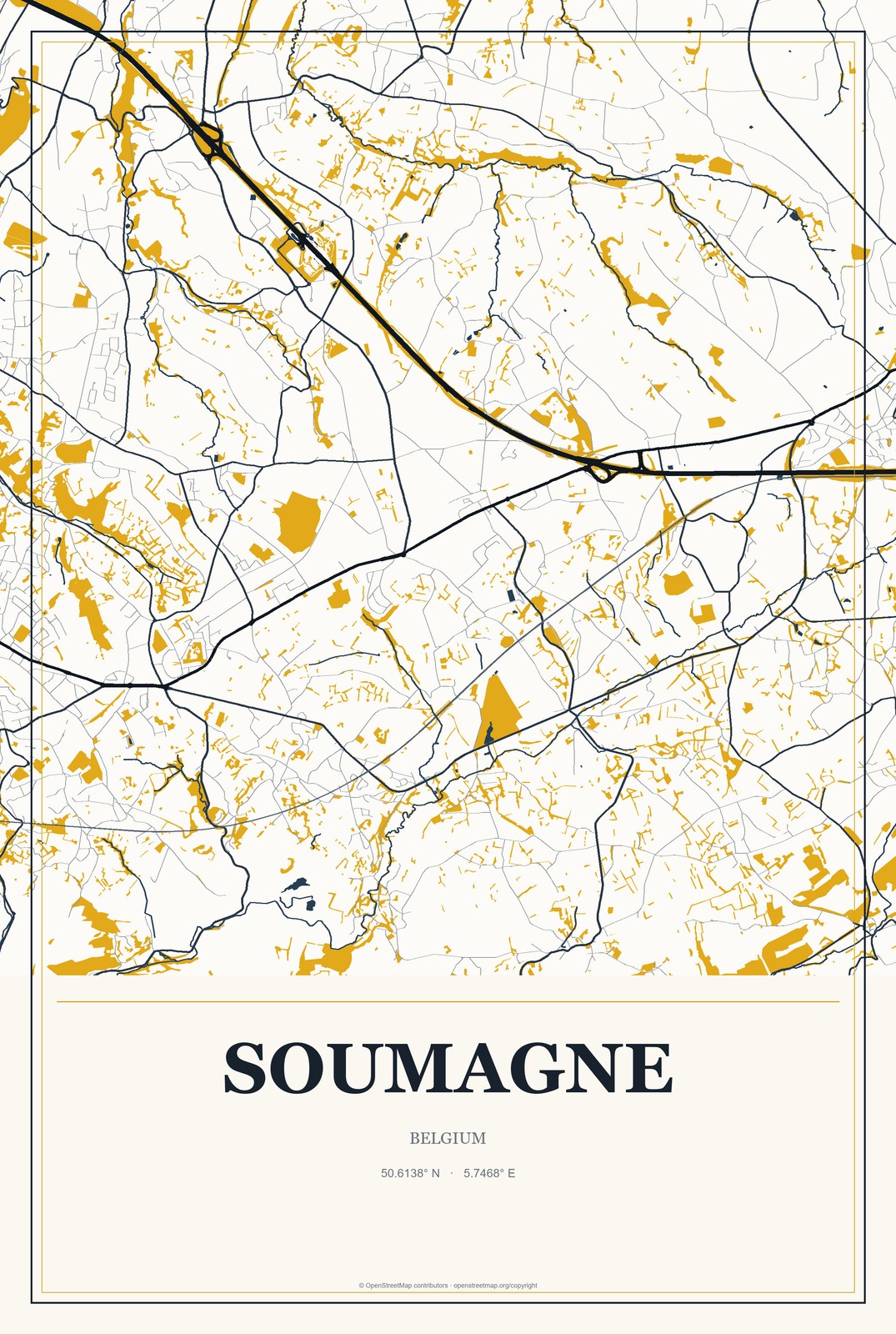 Soumagne, Belgium City Map Aluminum Sign in Citrine Modern style