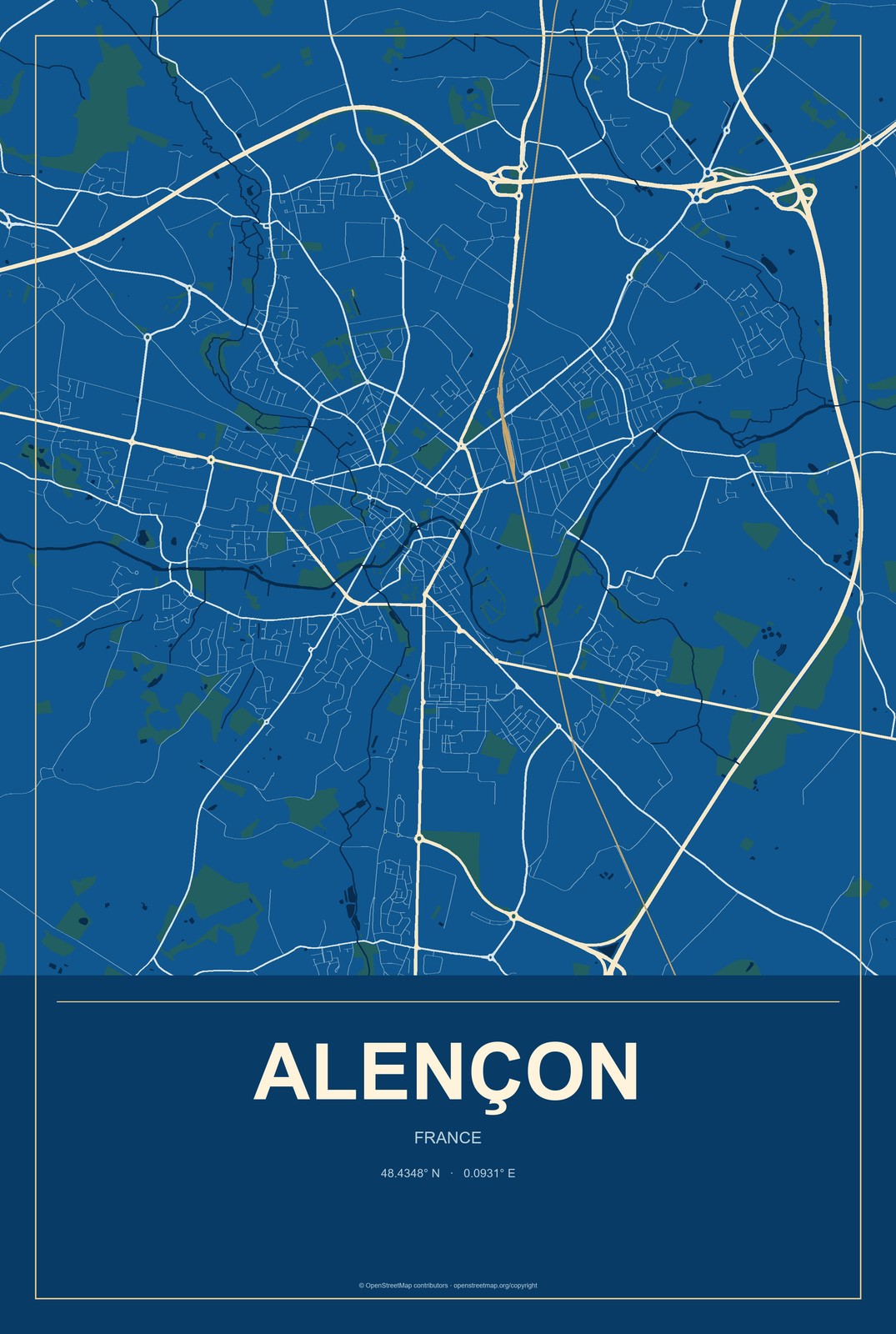 Alençon, France City Map Aluminum Sign in Harbor Cobalt style